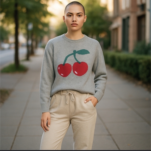 Luna Ivy Gray Cherry Girl Soft Novelty Whimsical Sweater Sz XS - Picture 9 of 9